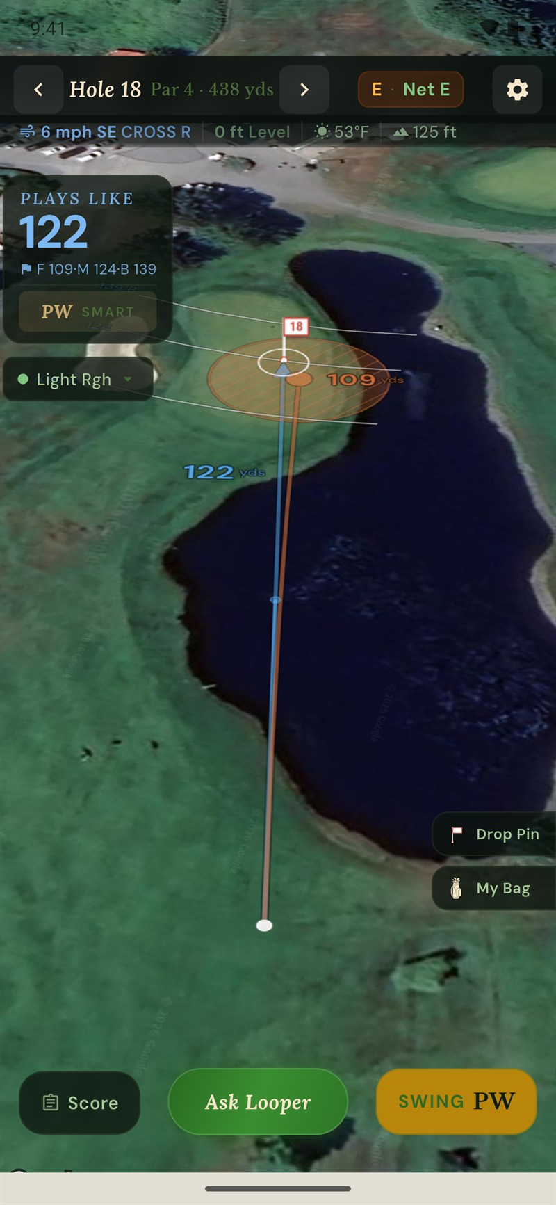 Looper on the course showing the plays-like distance, recommended club and shot dispersion on a satellite hole map